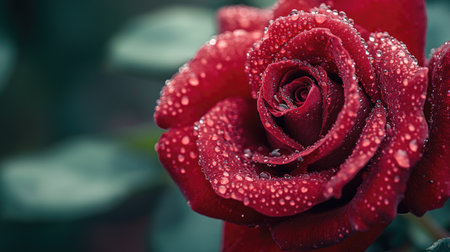 Close-up of a vibrant red rose with dew drops, surrounded by a soft-focus background, leaving ample space on the right side for text or brandingの素材