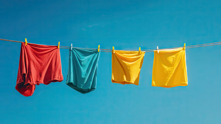 Close-up of clothes hanging on a clothesline with a clear blue sky background, providing ample space for text.の素材