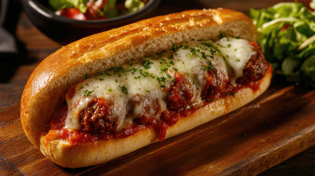 Close-up of a hearty meatball sub with marinara sauce and melted cheese, served on a rustic wooden board with a side salad.の素材