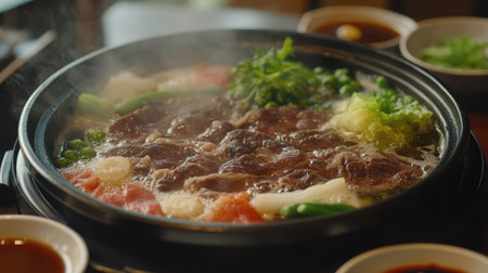 Close-up of a Shabu-Shabu hot pot with beef and vegetables cooking, with bowls of dipping sauces and garnishes on the side.の素材
