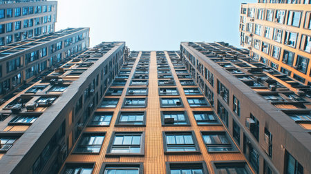 Close-up of the upper floors of a high-rise building with a clear background above for text. -の素材