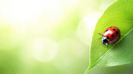 Close-up of a ladybug on a green leaf, with a large open background area for text. -の素材