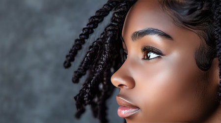 Close-up of a woman textured, coiled hairstyle, with plenty of copy space to the right.の素材