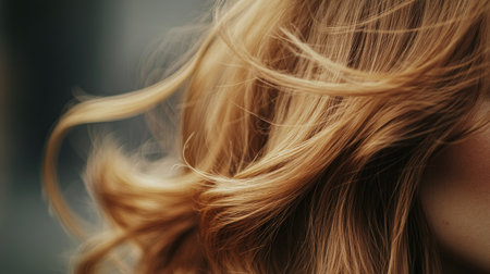 Close-up of a woman long, wavy hair flowing in the wind, with ample copy space on the right side.の素材