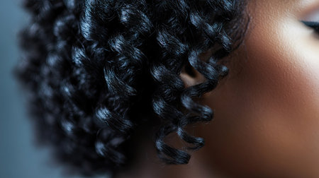 Close-up of a woman textured, coiled hairstyle, with plenty of copy space to the right.の素材