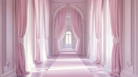 Experience the elegance of this charming 3D render showcasing a beautifully designed hallway with soft pink curtains, luxurious textures, and natural light.の素材