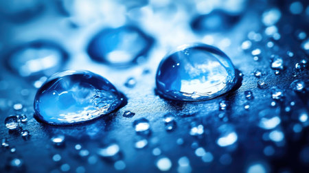 A mesmerizing close-up macro shot of glistening water droplets on a sleek surface. This image showcases the beauty and clarity of nature's elements.の素材