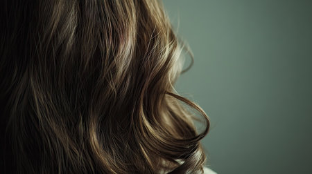 Close-up of a woman long, wavy hair cascading over her shoulders, with a plain background providing room for copy space on the right.の素材