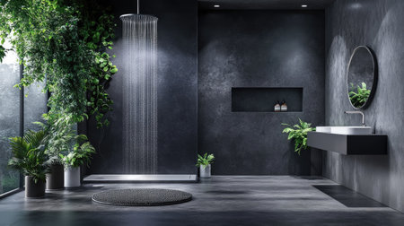 Explore a modern bathroom featuring a clean shower design, lush greenery, and natural lighting. Perfect for showcasing contemporary relaxation spaces.の素材