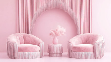 Explore a refined 3D illustration featuring a stylish pink sitting area, complete with elegant furniture and soft textures for a modern aesthetic.の素材