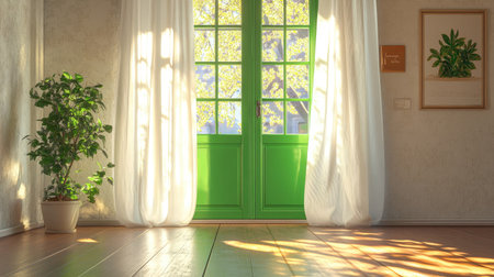 A bright sunroom bathed in natural light features green accents and fresh plants, creating a serene and inviting space perfect for relaxation and inspiration.の素材