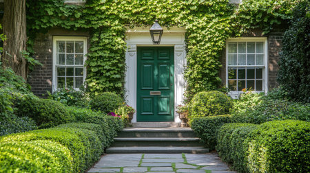 A charming green door nestled within lush foliage creates an inviting entrance. This scene captures the beauty of nature in a tranquil residential setting.の素材