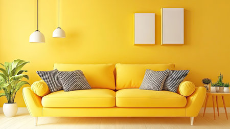 This bright yellow living room mockup features a cheerful sofa with stylish cushions, complemented by plants and modern decor, perfect for design inspiration.の素材