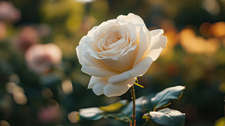Close-up of a white rose with a blurred garden backdrop, offering a generous space on the left for advertising or promotional content.の素材