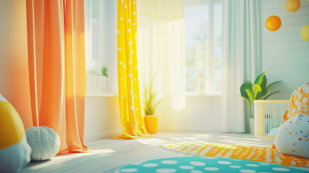 A charming 3D illustration of a nursery filled with bright colors and playful decor. The inviting space features soft cushions, vibrant curtains, and playful patterns, creating a joyful atmosphere full of warmth and creativity.の素材