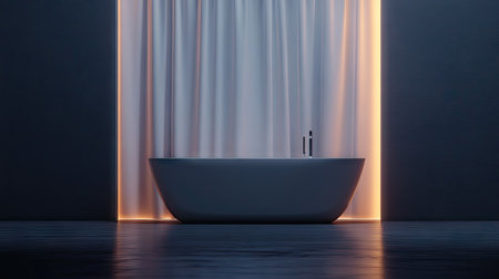 A stunning minimalist 3D rendering showcasing a modern bathtub with elegant curtains and ambient lighting, perfect for inspirational home decor and interiors.の素材