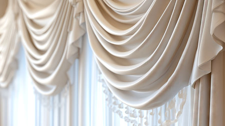 Discover the beauty of classic curtains featuring soft drapery. Perfect for adding elegance and warmth to any interior space. Ideal for stylish decor.の素材