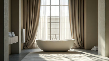 Experience tranquility with this serene 3D render of an elegant bathroom interior, featuring a modern tub, soft curtains, and warm natural light for a relaxing space.の素材