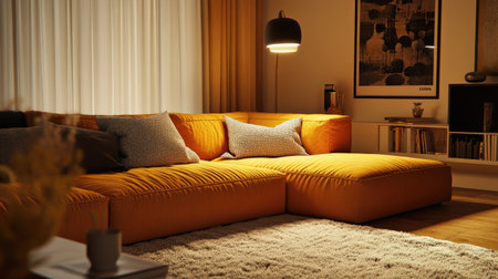 This cozy living room mockup features a warm orange sofa with soft cushions, elegant lighting, and inviting decor, creating a stylish and comfortable space.の素材