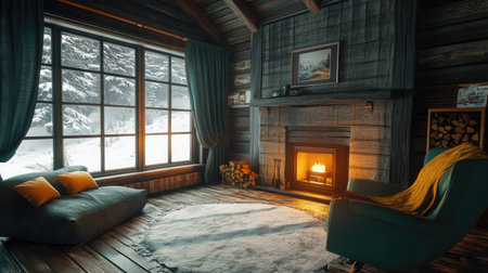 Experience the warmth of a cozy rustic home interior featuring a fireplace, inviting chairs, and a serene winter view, perfect for relaxation and comfort.の素材