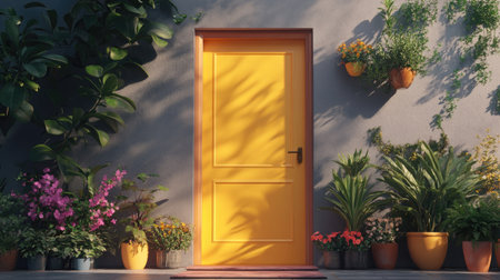 A vibrant yellow door stands out against a gray wall, surrounded by lush plants and colorful flowers, creating a charming and inviting outdoor space.の素材