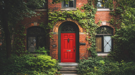 A vibrant red door stands out against a lush green backdrop, surrounded by ivy-clad brick walls. This charming entrance invites you to explore a classic residential facade.の素材