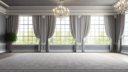 This elegant empty classic interior features large windows allowing natural light. Ideal for showcasing design projects, the spacious room exudes luxury and tranquility.の素材