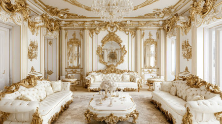 Discover an elegant baroque interior featuring luxurious details, ornate furniture, and a stunning chandelier, perfect for a sophisticated atmosphere.の素材