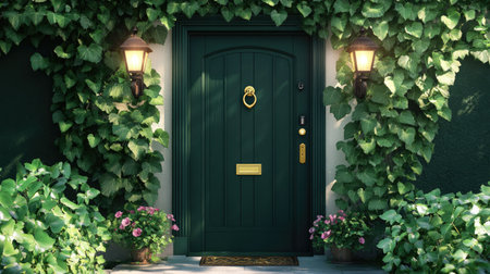 This elegant dark green front door, adorned with foliage and lights, creates a welcoming atmosphere. Perfect for enhancing home aesthetics with natural beauty.の素材