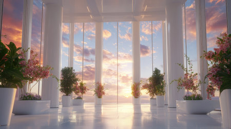 A stunning contemporary interior showcasing large glass windows with a vibrant sunset. Lush plants adorn the space, creating a serene and inviting atmosphere.の素材