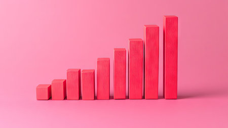 This modern clean stock photo features a vibrant pink background with ascending red bar charts, illustrating growth and success in business and data analysis.の素材