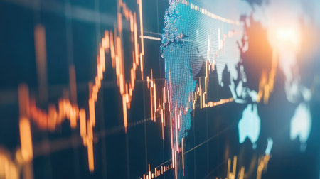 Explore an inspiring visual representation of global economy trends and data, showcasing market growth, finance technology, and investment insights.の素材