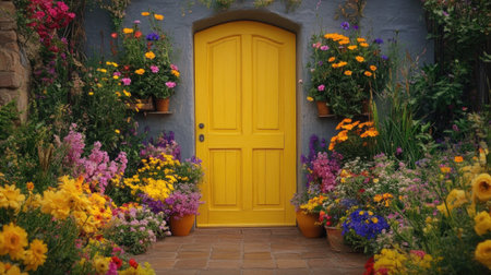 A vibrant yellow door stands as a focal point, surrounded by an array of brightly colored flowers in pots. This lively garden scene exudes charm and beauty, perfect for capturing the essence of spring and summer.の素材