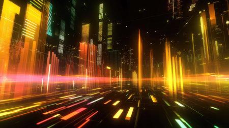 Dynamic abstract background featuring vibrant light elements and geometric shapes, creating a futuristic atmosphere perfect for innovative projects and designs.の素材