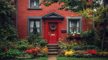 A charming red brick house featuring a vibrant front door and beautifully landscaped garden. The inviting atmosphere showcases colorful flowers and a cozy entrance.の素材