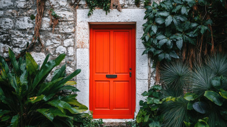 A vibrant orange door stands at the forefront of a white stone wall, surrounded by lush greenery and plants, creating a stunning and inviting scene.の素材
