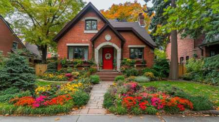 A charming red brick house boasts a vibrant garden filled with colorful flowers and lush greenery, creating an inviting and picturesque outdoor space.の素材