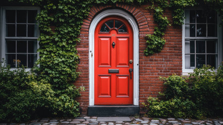 A charming red door nestled within a brick house in Boston, surrounded by lush ivy and greenery, offering a warm and inviting entrance to a residential space.の素材