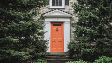 A vibrant orange front door stands out against a natural stone facade, surrounded by lush greenery and tall trees, creating a welcoming entrance to any home.の素材