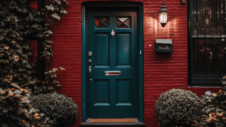 A striking modern green front door contrasts beautifully with the red brick facade. Surrounded by lush greenery, this inviting entrance showcases charming details.の素材