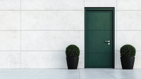 Explore a minimalist dark green door set against a textured wall, complemented by stylish plant pots, creating a serene and modern architectural aesthetic.の素材