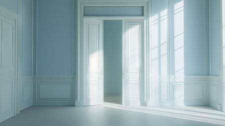Gentle light pours through open double doors, illuminating a tranquil room. The soft color palette and elegant design create a serene and inviting atmosphere.の素材