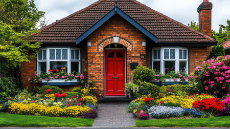 A picturesque red brick house featuring a bold red door, surrounded by a vibrant garden filled with colorful flowers and lush greenery, showcasing charming residential architecture.の素材