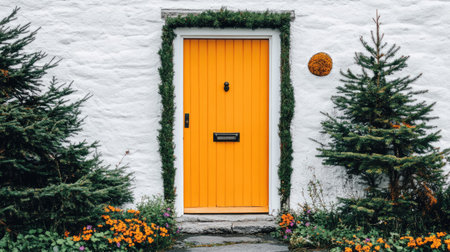A vibrant orange door framed by lush green pine trees and colorful flowers, creating a charming and inviting entrance for any home. Perfect for nature enthusiasts!の素材