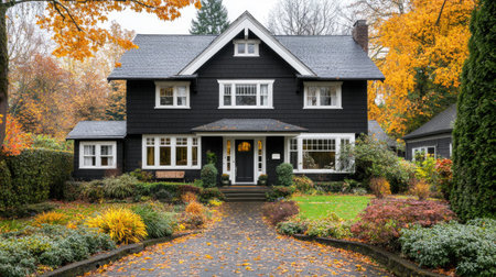 A stunning black house with white trim stands elegantly in an autumn landscape, surrounded by colorful foliage and a welcoming entrance pathway.の素材
