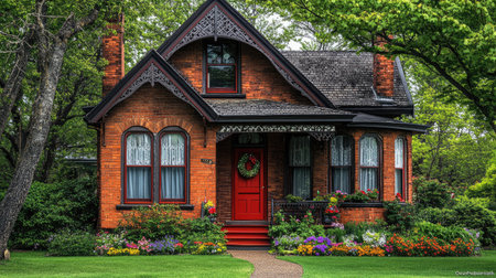 This charming red brick house features intricate architecture and a welcoming red door, surrounded by a lush garden filled with vibrant flowers and greenery.の素材