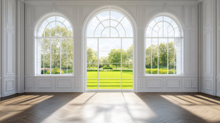 This elegant empty white room features large windows that offer a stunning view of a lush garden. The wooden floor adds warmth and beauty to the serene space.の素材