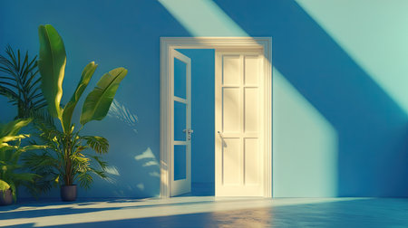 A captivating scene featuring bright white doors opening into a stylish room bathed in light. Lush green plants add a vibrant touch to the tranquil atmosphere.の素材