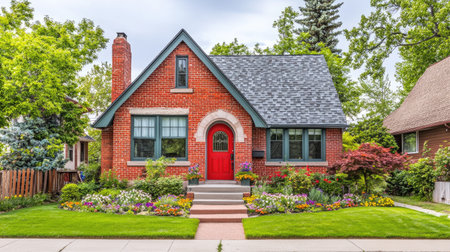 This traditional red brick house features a charming garden filled with vibrant flowers and lush greenery, creating a serene and inviting atmosphere.の素材