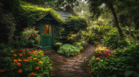 Discover a serene scene featuring a charming cottage surrounded by colorful flowers and lush greenery, creating an enchanting outdoor landscape.の素材